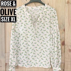Rose & Olive Long Sleeved White Bird Print Blouse